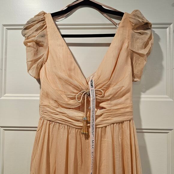 Mac Duggal 68187 V Neck Tea Length Midi Short Puff Sleeve Dress Pink Size 2 - Picture 3 of 10